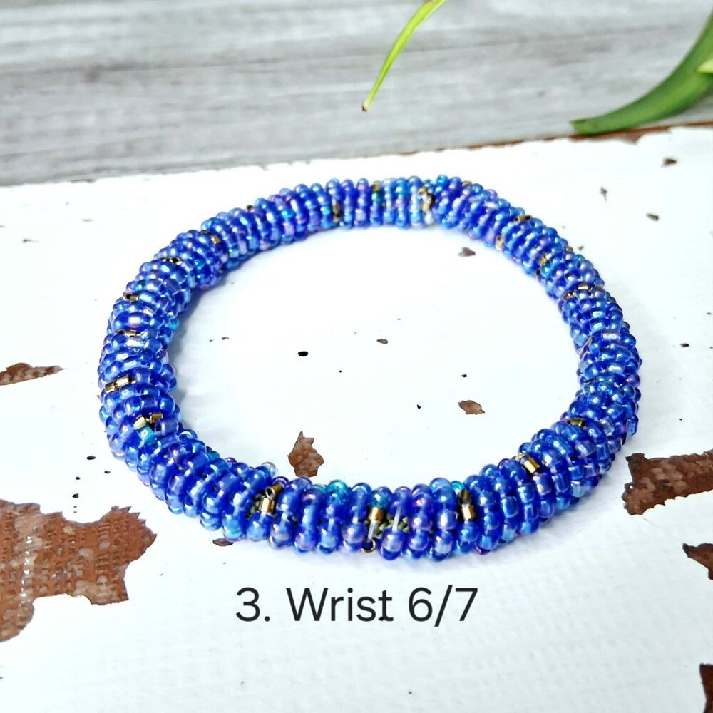 Blue beaded rope bangle bracelet, seed bead jewelry, one size
